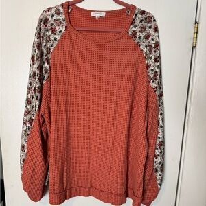Orange Waffle Knit Top with Floral Sleeves